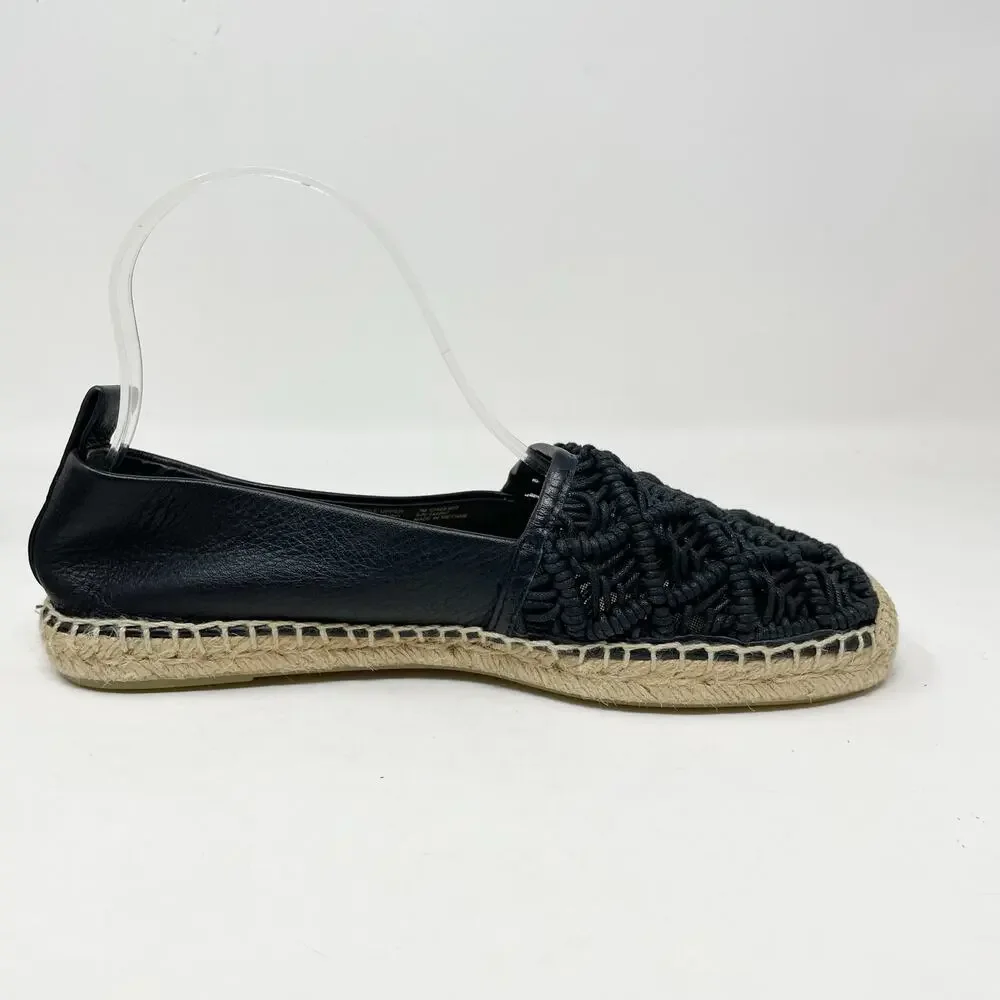 Tory Burch Everly Espadrille Waxed Woven Rope Crochet Shoes Black Leather 7